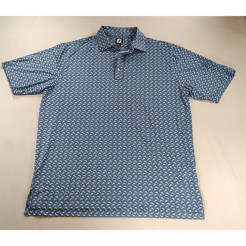 FootJoy Polo Shirt Mens XL Blue Dolphin Print Golf Performance Short Sleeve